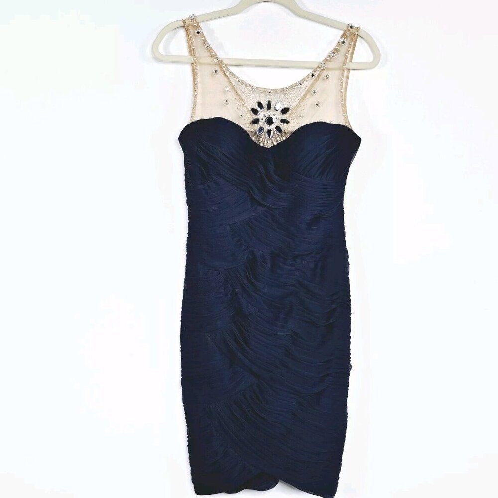 Adrianna Papell Illusion Bodice Jersey Sheath Dress Womens 6 Navy Mini Cocktail - Picture 2 of 16